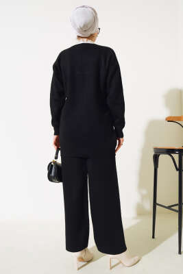 Cep Taşlı Triko İkili Takım Siyah - Triko İkili Takım