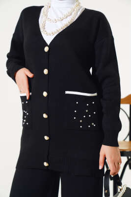 Cep Taşlı Triko İkili Takım Siyah - Triko İkili Takım