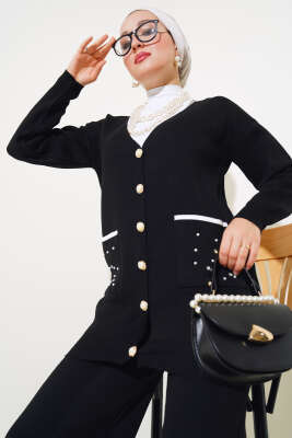 Cep Taşlı Triko İkili Takım Siyah - Triko İkili Takım