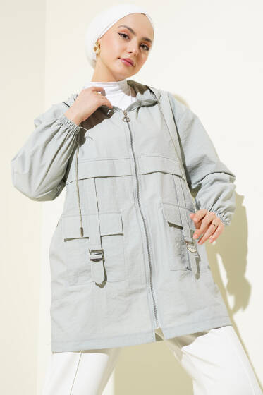 Cep Tokalı Fermuarlı Kap Gri - Dış Giyim&Mont