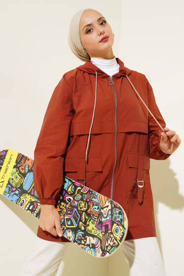 Cep Tokalı Fermuarlı Kap Kiremit - Dış Giyim&Mont