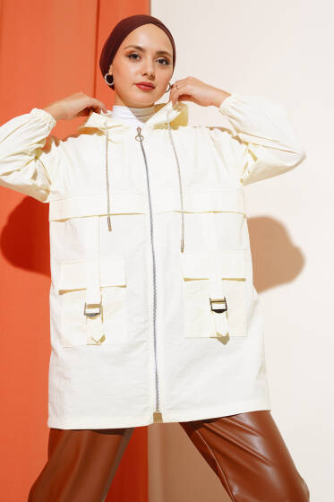 Cep Tokalı Fermuarlı Kap Krem - Dış Giyim&Mont