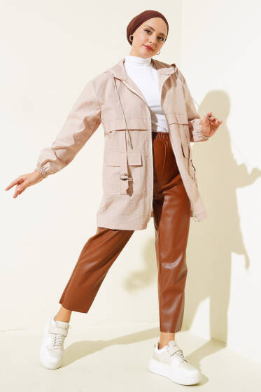 Cep Tokalı Fermuarlı Kap Latte - Dış Giyim&Mont