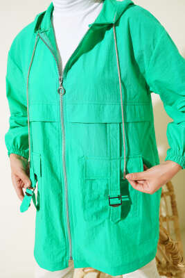 Cep Tokalı Fermuarlı Kap Neon Yeşil - Kaban