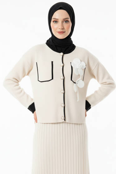 Cep Üstü Gül İşlemeli Etekli İkili Takım Bej - İkili Takım