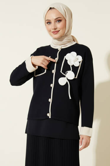Cep Üstü Gül İşlemeli Etekli İkili Takım Lacivert - İkili Takım