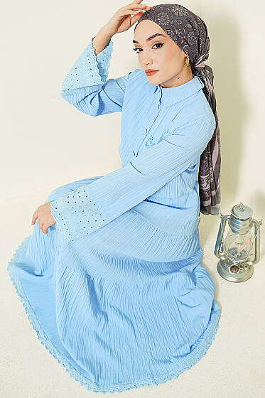 Cep ve Bilek Brodeli Krinkıl Etekli Takım Bebe Mavi - İkili Takım