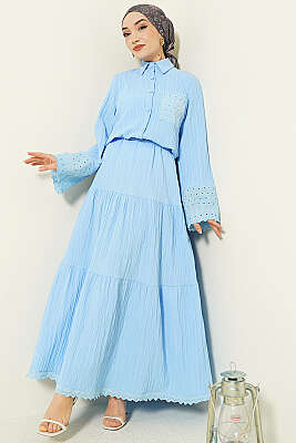 Cep ve Bilek Brodeli Krinkıl Etekli Takım Bebe Mavi - İkili Takım