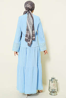 Cep ve Bilek Brodeli Krinkıl Etekli Takım Bebe Mavi - İkili Takım