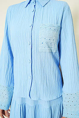 Cep ve Bilek Brodeli Krinkıl Etekli Takım Bebe Mavi - İkili Takım