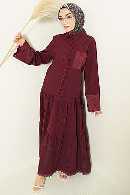 Cep ve Bilek Brodeli Krinkıl Etekli Takım Bordo - ASMİN