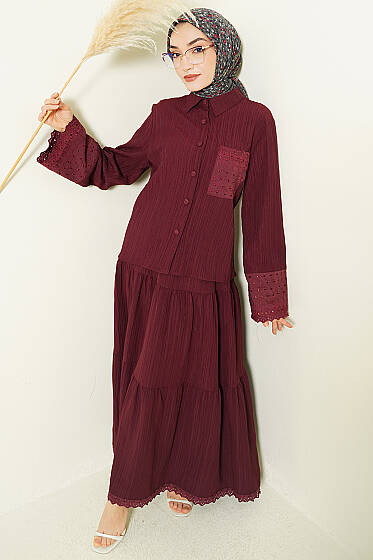 Cep ve Bilek Brodeli Krinkıl Etekli Takım Bordo - İkili Takım