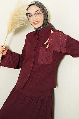 Cep ve Bilek Brodeli Krinkıl Etekli Takım Bordo - İkili Takım