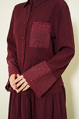 Cep ve Bilek Brodeli Krinkıl Etekli Takım Bordo - İkili Takım