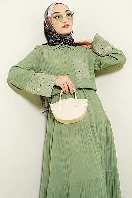 Cep ve Bilek Brodeli Krinkıl Etekli Takım Çağla Yeşili - ASMİN