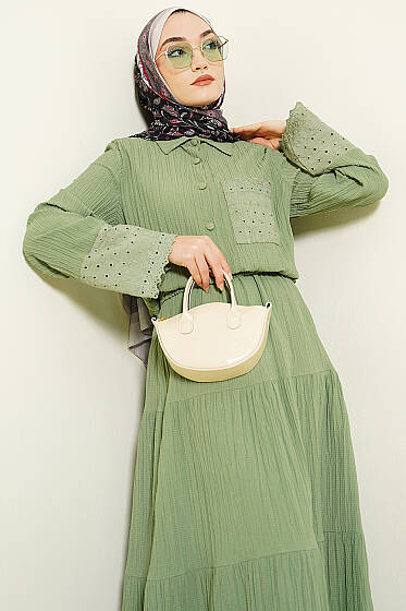 Cep ve Bilek Brodeli Krinkıl Etekli Takım Çağla Yeşili - İkili Takım