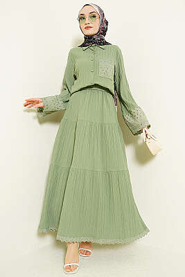 Cep ve Bilek Brodeli Krinkıl Etekli Takım Çağla Yeşili - İkili Takım