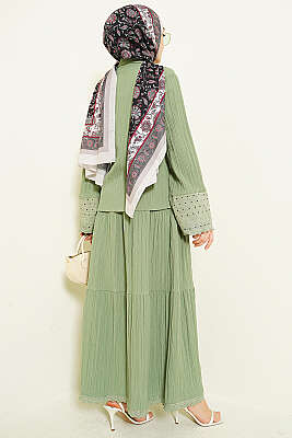 Cep ve Bilek Brodeli Krinkıl Etekli Takım Çağla Yeşili - İkili Takım