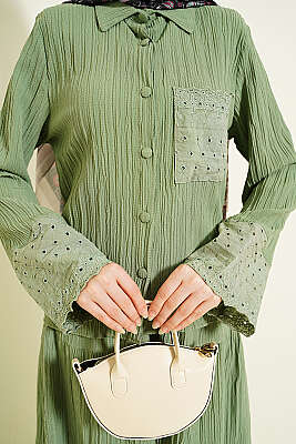 Cep ve Bilek Brodeli Krinkıl Etekli Takım Çağla Yeşili - İkili Takım