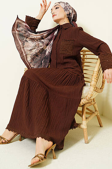 Cep ve Bilek Brodeli Krinkıl Etekli Takım Kahve - İkili Takım