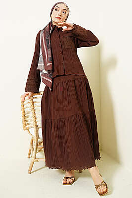 Cep ve Bilek Brodeli Krinkıl Etekli Takım Kahve - İkili Takım