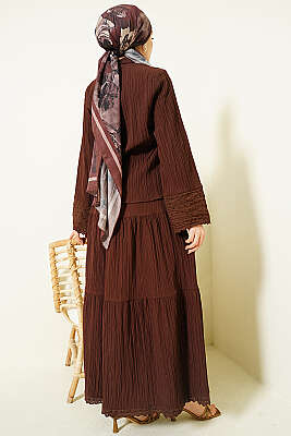 Cep ve Bilek Brodeli Krinkıl Etekli Takım Kahve - İkili Takım