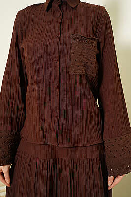 Cep ve Bilek Brodeli Krinkıl Etekli Takım Kahve - İkili Takım