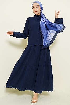 Cep ve Bilek Brodeli Krinkıl Etekli Takım Lacivert - ASMİN