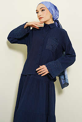 Cep ve Bilek Brodeli Krinkıl Etekli Takım Lacivert - İkili Takım