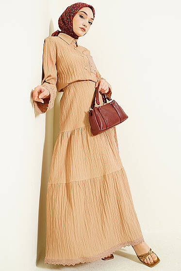 Cep ve Bilek Brodeli Krinkıl Etekli Takım Latte - İkili Takım