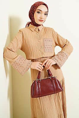 Cep ve Bilek Brodeli Krinkıl Etekli Takım Latte - İkili Takım