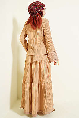 Cep ve Bilek Brodeli Krinkıl Etekli Takım Latte - İkili Takım