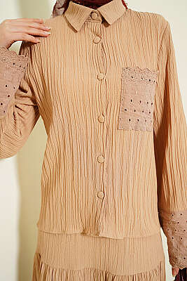 Cep ve Bilek Brodeli Krinkıl Etekli Takım Latte - İkili Takım