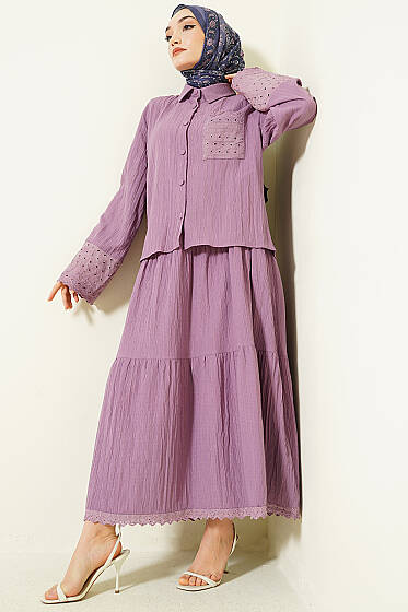 Cep ve Bilek Brodeli Krinkıl Etekli Takım Lila - İkili Takım
