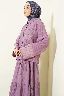 Cep ve Bilek Brodeli Krinkıl Etekli Takım Lila - İkili Takım