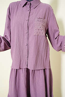 Cep ve Bilek Brodeli Krinkıl Etekli Takım Lila - İkili Takım