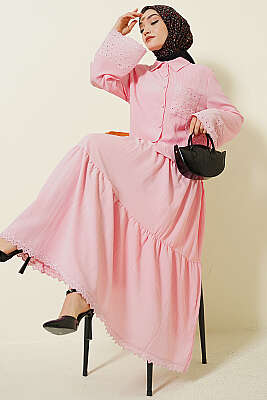 Cep ve Bilek Brodeli Krinkıl Etekli Takım Pembe - ASMİN