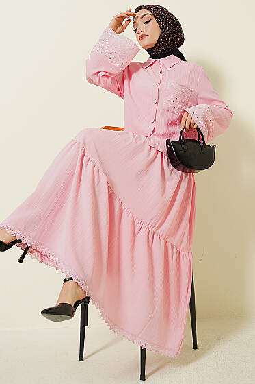 Cep ve Bilek Brodeli Krinkıl Etekli Takım Pembe - İkili Takım