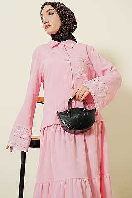 Cep ve Bilek Brodeli Krinkıl Etekli Takım Pembe - İkili Takım