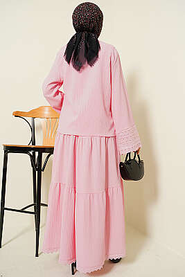 Cep ve Bilek Brodeli Krinkıl Etekli Takım Pembe - İkili Takım