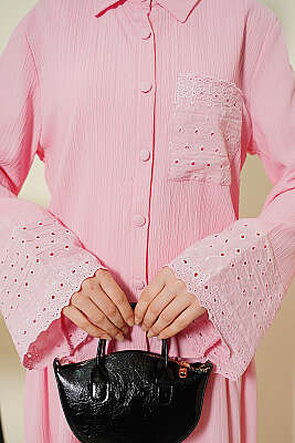 Cep ve Bilek Brodeli Krinkıl Etekli Takım Pembe - İkili Takım