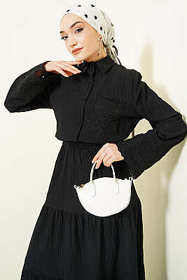 Cep ve Bilek Brodeli Krinkıl Etekli Takım Siyah - ASMİN