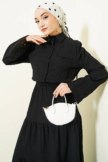 Cep ve Bilek Brodeli Krinkıl Etekli Takım Siyah - İkili Takım