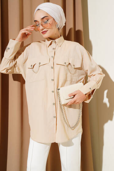 Cep ve Manşet Zincirli Gömlek Latte - Gömlek