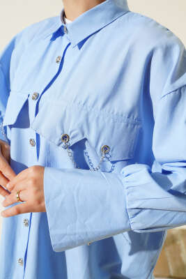 Cep ve Manşet Zincirli Gömlek Mavi - Yılın Fırsatı