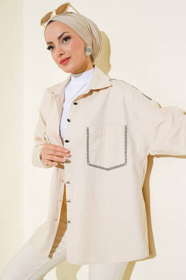 Cep ve Omuz Dikişli Gömlek Bej - Kadın Gömlek