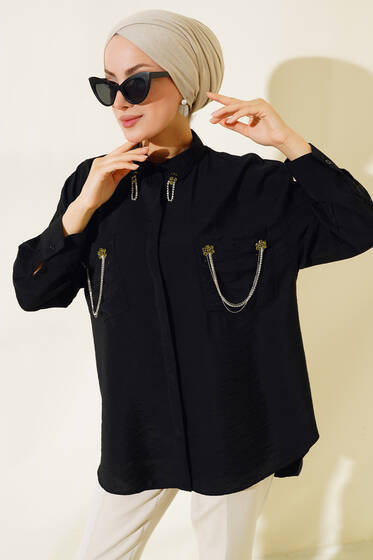 Cep ve Yaka Taş Detaylı Gömlek Siyah - Gömlek