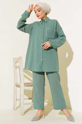 Cep ve Yaka Taşlı Keten İkili Takım Çağla Yeşili - İKİLİ TAKIM