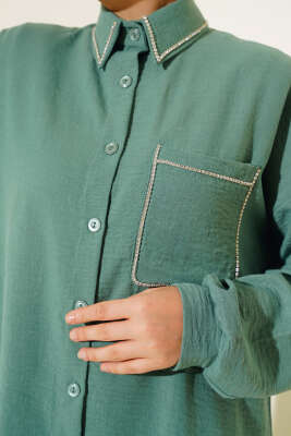 Cep ve Yaka Taşlı Keten İkili Takım Çağla Yeşili - İKİLİ TAKIM