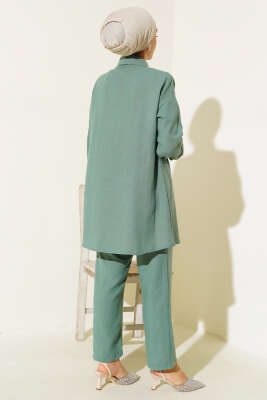 Cep ve Yaka Taşlı Keten İkili Takım Çağla Yeşili - İKİLİ TAKIM